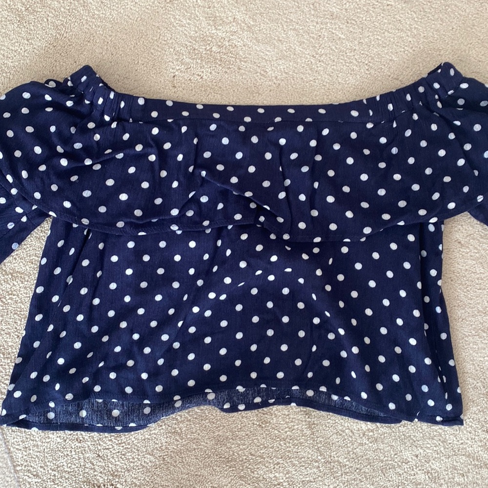 Chloe & Katie ruffled off shoulder blue/white polka dots shirt/blouse. - Picture 3 of 11